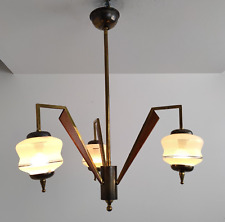Lampadario 3 luci lampion vintage'60 ottone legno tek vetro stile stilnovo -74N