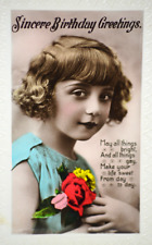 Postcard Young Girl Child Flowers Portrait Birthday Hand Colored 1930's RPPC