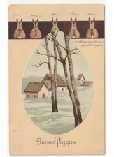 conigli In rilievo antica cartolina Buona Pasqua case sul fiume alluvione
