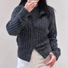 Cappotto donna Brunello Cucinelli nuovo paillettes collo alto cerniera maglia cavo