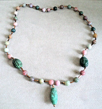 COLLANA Perline Giadeite e Diaspro Vintage Giadeite Intagliata Focali Perline 27" Verde Grigio Tan