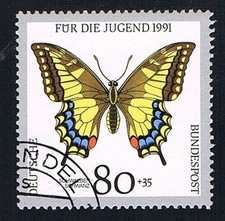GERMANIA 1 FRANCOBOLLO PRO GIOVENTU FARFALLE PAPILIO MACHAON 1991 usato