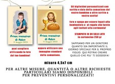 PRIMA COMUNIONE 50 biglietti PERSONALIZZATI foro spago per bomboniera confetti