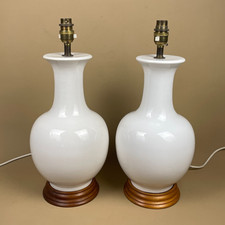 Pair Vintage Ceramic White Oriental Lamps Bedside Table Light Antique Lamp Wood