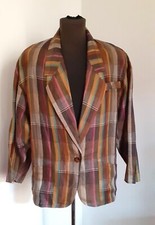 Giacca donna puro lino, manica lunga fantasia righe colorate, 3 tasche e bottone