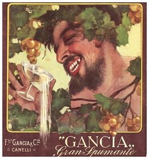 PUBBLICITA' 1917 FRATELLI GANCIA GRAN SPUMANTE CANELLI BACCO UVA COPPA VINO WINE