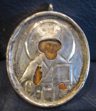 XIX secolo Icona russa da viaggio con riza in argento - San Nicola