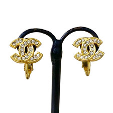 Orecchini CHANEL CC Loghi Strass Clip-On Tono Oro 2032 Autentici #1359