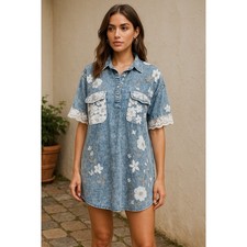 Denim donna pizzo floreale impreziosito lavaggio acido manica corta