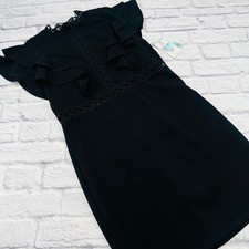 Abito da cocktail IRIS donna nero pizzo orlo manica volant midi taglia L elegante nuovo con etichette