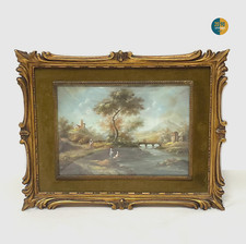 Quadro quadretto vintage dipinto a mano paesaggio con cornice in legno 1