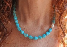 ??? COLLANA DONNA PIETRE DURE TURCHESE  E VERA PERLA BAROCCA TAHITI ???