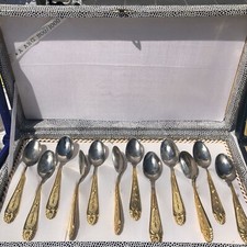 ANTICO SERVIZIO 12 CUCCHIAINI DA CAFFÈ IN ARGENTO 800 E DORATO CON CONFEZIONE