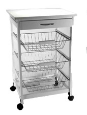CARRELLO CUCINA BIANCO MODERNO LEGNO 3 CASSETTI PORTA FRUTTA RUOTE h76*47*37cm