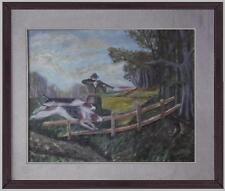 scena di caccia alla lepre con cacciatore fucile e cani olio tela firma cornice