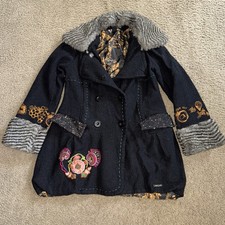Cappotto donna Desigual misto lana bottoni pelliccia sintetica taglia 40 disegno ricamato