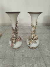 Coppia Vasi Ceramica Porcellana Capodimonte Anni 50 Circa Oversize 48 X 18 Fiori
