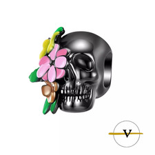 CHARM DONNA TESCHIO NERO E ROSA FIORI ARGENTO 925 ZIRCONE BRACCIALE BRACCIALETTO