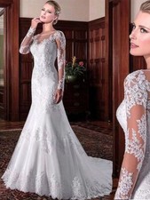 Abiti da sposa eleganti a sirena scollo a O maniche lunghe pizzo applicazioni abiti da sposa