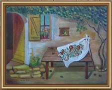 ARTE NAIF PERGOLA TAVOLO FUNGHI PORCINI olio tavola ENRICO COPETTA COEN BRESCIA