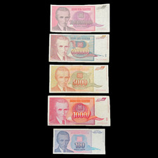 Jugoslavia Nikola Tesla set 5 banconote lotto milioni 10 miliardi mondo cartamoneta