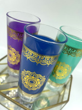 Vintage, set di 3 bicchieri Tom Collins, MCM, bohemien, accenti oro, barware