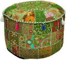 Pouf indiano fatto a mano verde vintage copri pouf ottomano patchwork ricamato sgabello