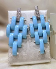 Orecchini Pendenti In Pasta Di Turchese, Argento 925 E Zirconi, Made In Italy