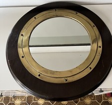 SPECCHIO ROTONDO OBLÒ NAVALE  VINTAGE  Legno E Ottone