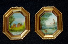 Quadri miniatura dipinto ad olio Cornice ottagonale dorata in legno 2 pezzi