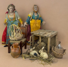 Coppia Figura donne Cammino 31 Cm venditrici conigli Arte Presepiale