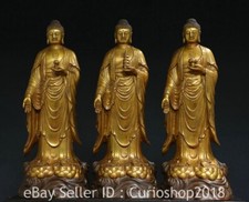 Set scultura statua Buddha Sanbao buddismo dorato rame cinese antico 19,2"