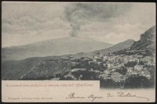 cartolina TAORMINA eruzione di fumo dalla bocca centrale vista dall'hotel timeo