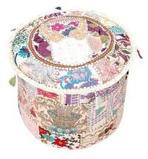 Pouf copri poggiapiedi rotondo grande patchwork ricamato retrò indiano 22” x 14”