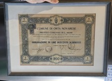 Obbligazione Comune di Orta Novarese 1928 - Vecchio Certificato azionario