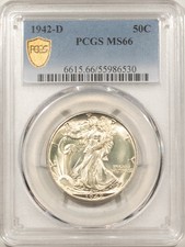1942-D WALKING LIBERTY HALF DOLLAR - PCGS MS-66, LOOKS SUPERB! PREMIUM QUALITY!