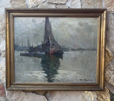 Quadro -Marina Con Barche- dipinto a olio su tela