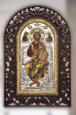 Icona Bizantina del Cristo Pantocratore in Trono con Preziosa riza in argento 