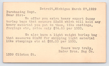1929 Bader Bros Bag Co cartolina postale Detroit MI tela sacchi fornitura industriale