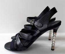 CHANEL  BLACK LEATHER  WHITE PEARL HIGH HEEL STRAPPY SANDALS 38
