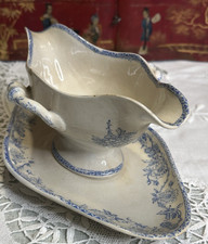 Antica salsiera in ceramica - decoro floreale azzurro