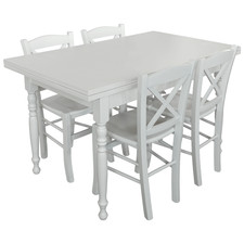 TAVOLO DUETTO ALLUNGABILE GAMBE TORNITE IN LEGNO SHABBY CHIC BIANCO CON 4 SEDIE