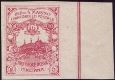 SAN MARINO 1916 - 10+5 c. CROCE ROSSA NON EMESSO VARIETA' Cert.FERRARIO € 1.500
