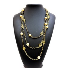 Collana lunga CHANEL 94A CC logo pelle nera perle vintage originale oro scato...