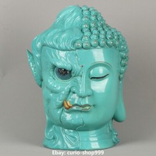 Statua testa di Buddha diavolo shakyamuni porcellana smaltata verde turchese unica 11,8"