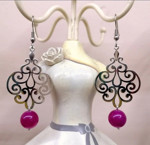 Orecchini acciaio agata - agata, fucsia