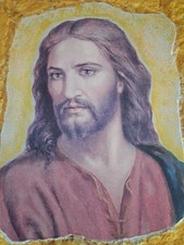 QUADRO ICONA RITRATTO A MANO GESU' SU PIETRA BASE LEGNO NOCE  50X40 "ECCELLENTE"
