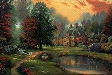 Lakeside Manor - casa, ponte, ruscello, giardino - cartolina rivenditore Thomas Kinkade