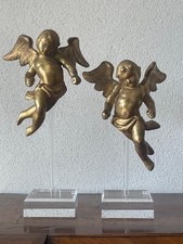Antica Coppia di angeli dorati foglia in legno su base plexiglas