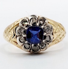 Anello antico oro 18k pietra blu circondato diamante taglio rosa (circa 1920)